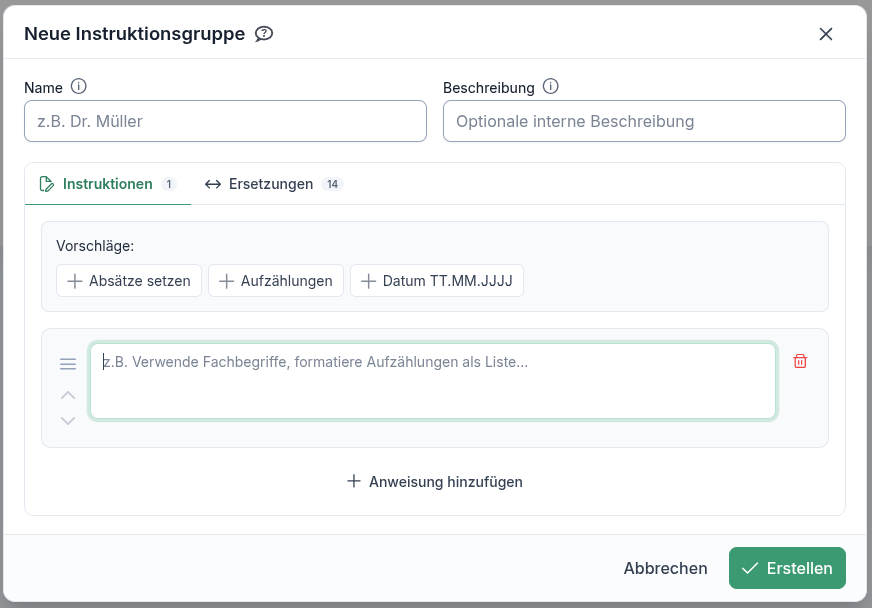Instruktionsgruppe erstellen
